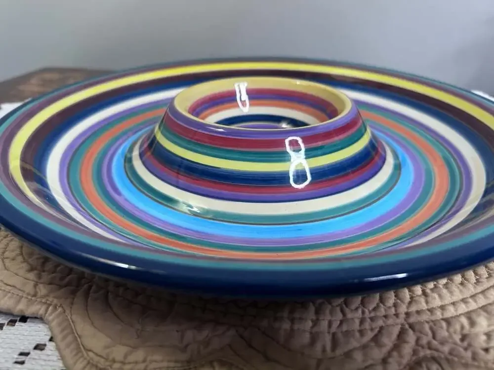 Tabletops Unlimited Havana Colorful Striped Hand Painted Chip & Dip Bowl Platter
